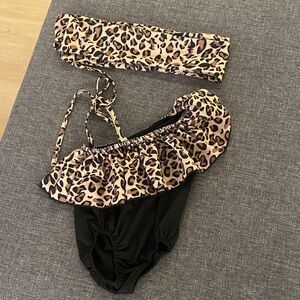 Girls Leopard Print Ruffle One-Shoulder Swimsuit with Headband